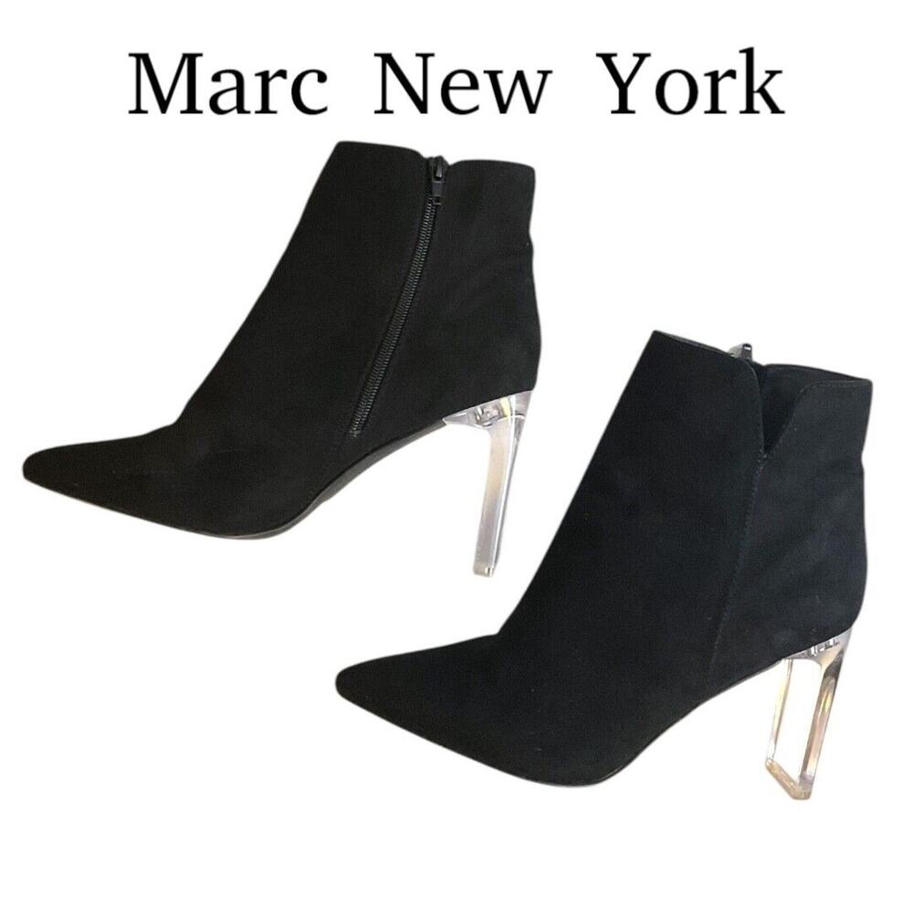 Marc New York Bootie Women’s Black AMELIA Ankle Clear Heel Faux Suede SZ 9.5 M